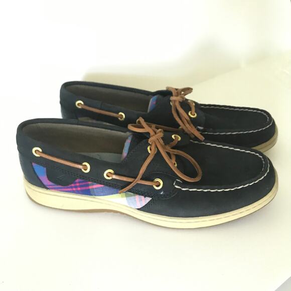 Sperry Top Siders Size 8.5 M Womens Leather Madras Plaid Navy Blue - Picture 3 of 10
